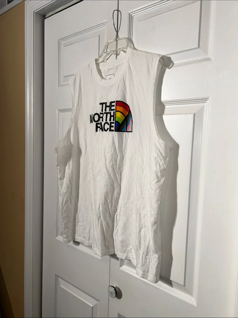 11/12/26 The North Face White Muscle Tee with Rainbow Logo Men’s Size XL